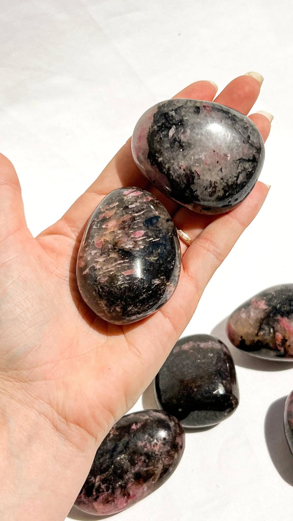 Quartz with Magnetite + Rhodonite Palm Stone | Medium - Unearthed Crystals
