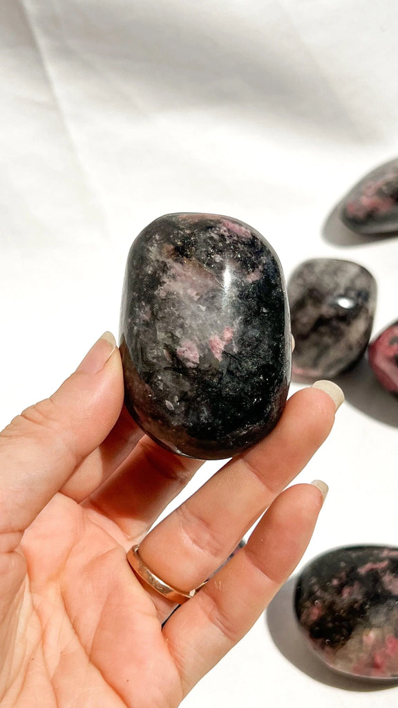 Quartz with Magnetite + Rhodonite Palm Stone | Large - Unearthed Crystals