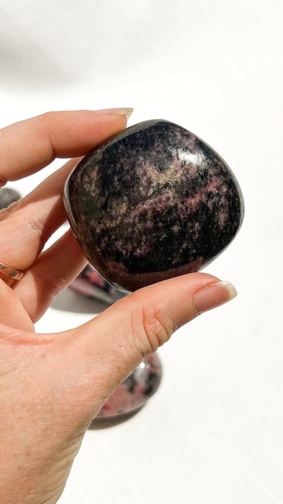 Quartz with Magnetite + Rhodonite Palm Stone | Large - Unearthed Crystals