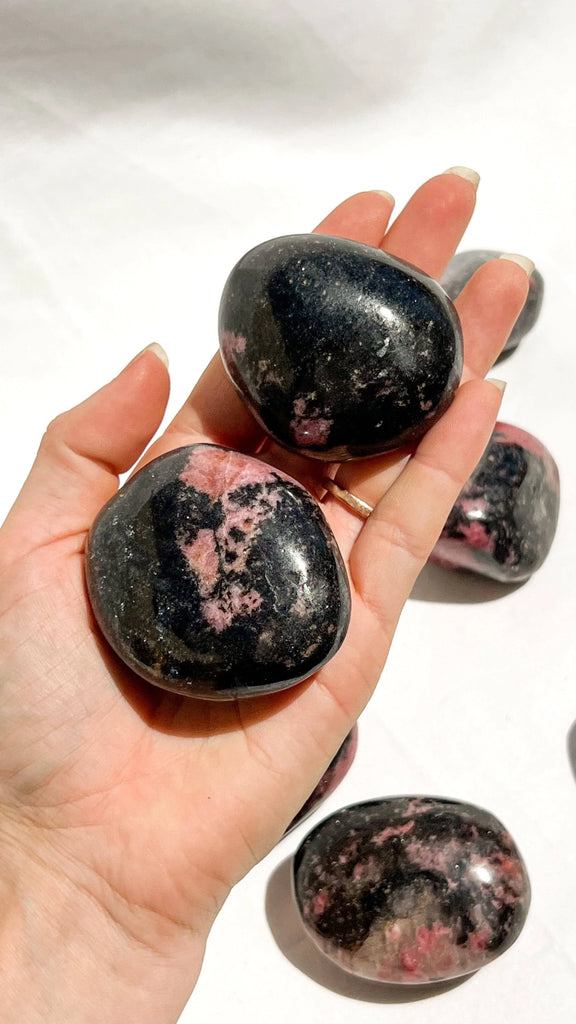 Quartz with Magnetite + Rhodonite Palm Stone | Large - Unearthed Crystals
