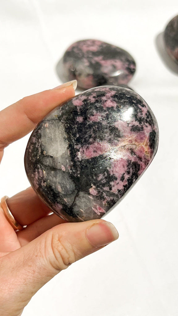 Quartz with Magnetite + Rhodonite Palm Stone | XL - Unearthed Crystals