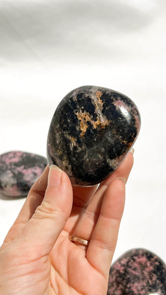 Quartz with Magnetite + Rhodonite Palm Stone | XL - Unearthed Crystals