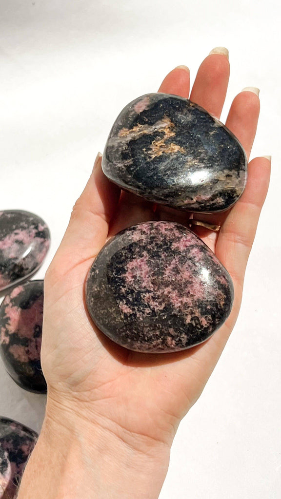 Quartz with Magnetite + Rhodonite Palm Stone | XL - Unearthed Crystals