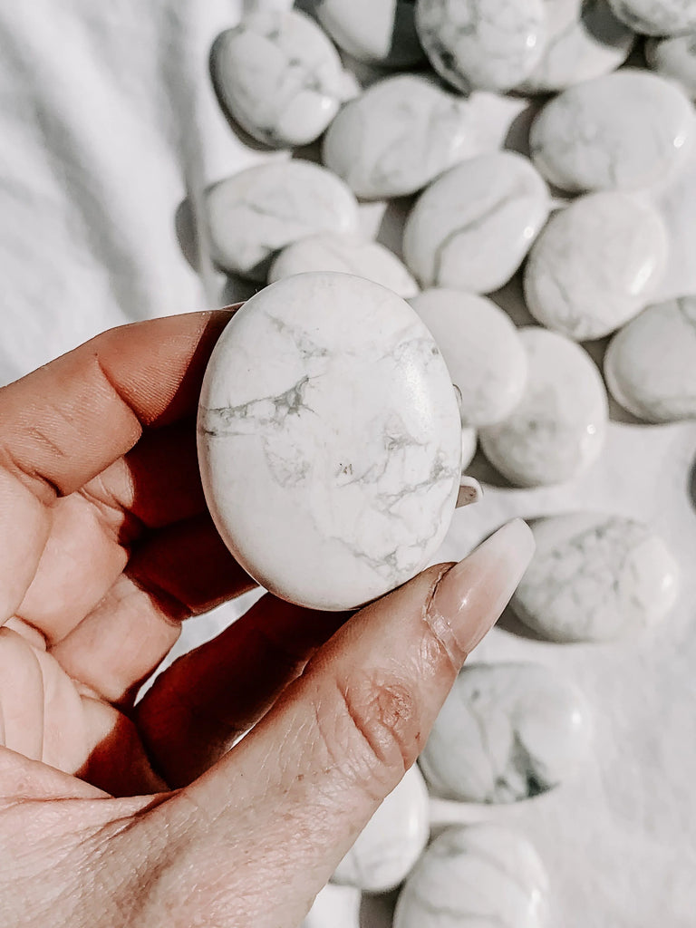White Howlite Pillow Palm Stone - Unearthed Crystals