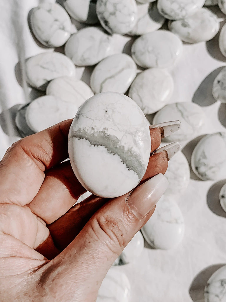 White Howlite Pillow Palm Stone - Unearthed Crystals