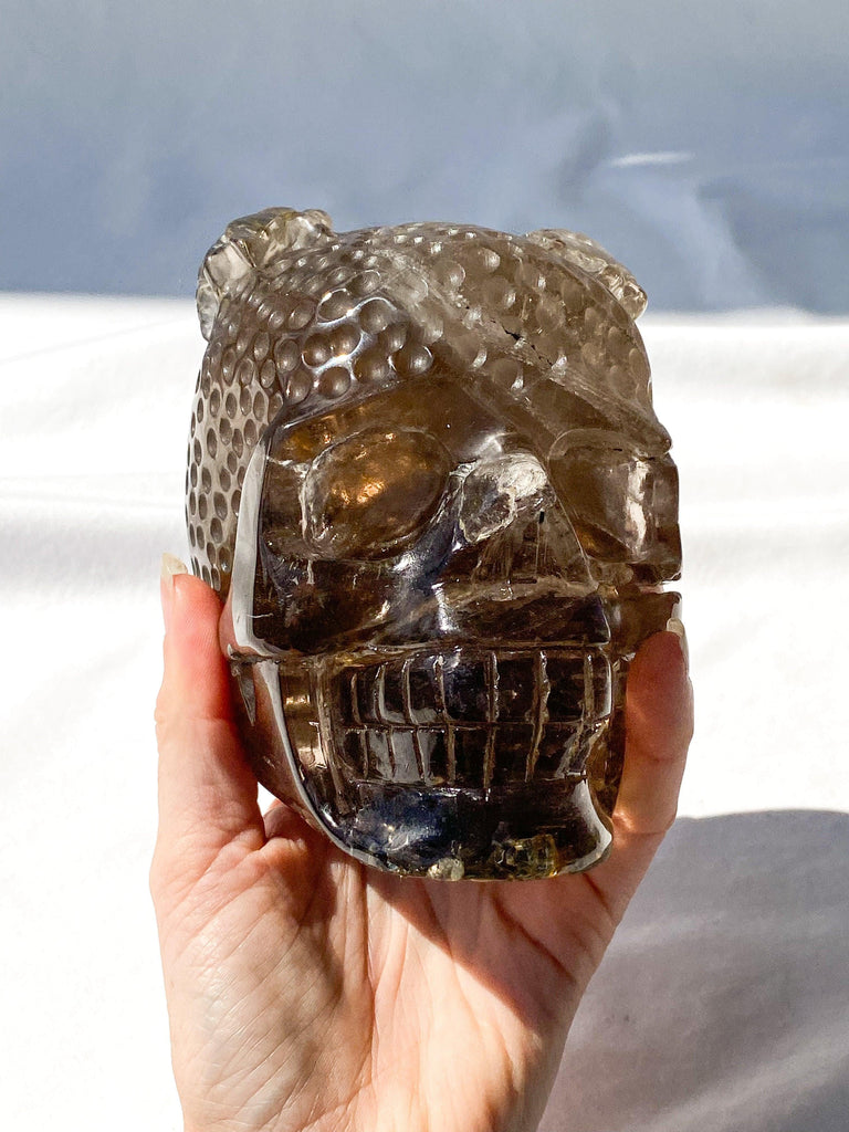 "Save The Bees" Skull Carving | Smokey Quartz - Unearthed Crystals