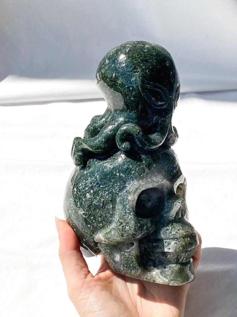 Skull + Octopus Carving | Moss Agate - Unearthed Crystals