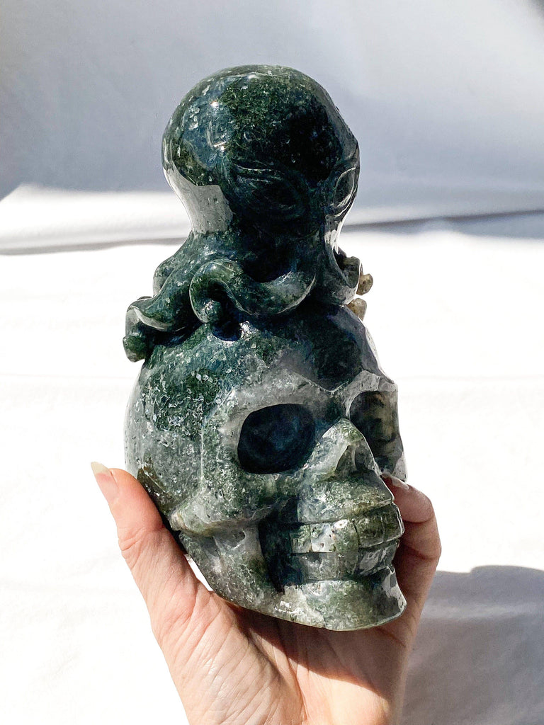 Skull + Octopus Carving | Moss Agate - Unearthed Crystals