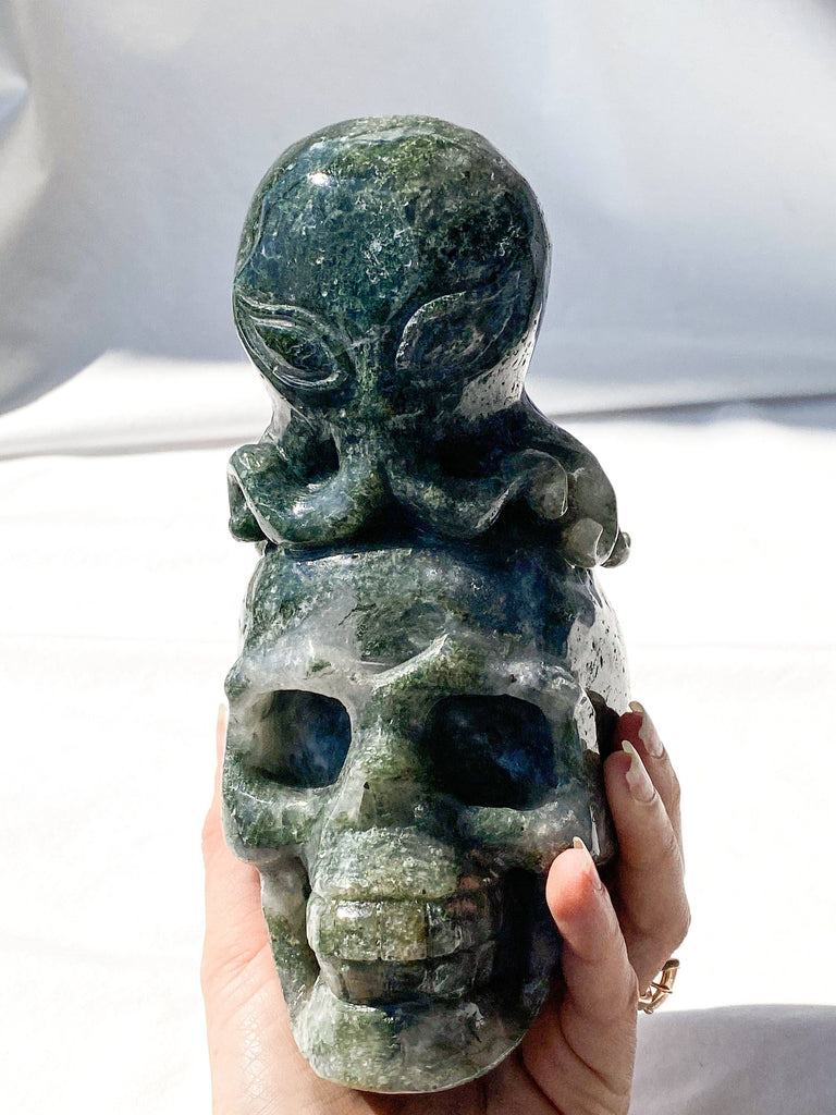 Skull + Octopus Carving | Moss Agate - Unearthed Crystals