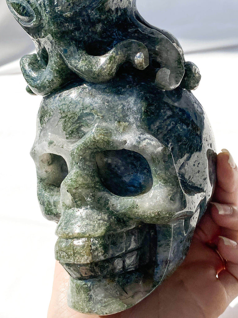 Skull + Octopus Carving | Moss Agate - Unearthed Crystals
