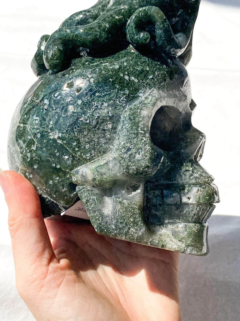 Skull + Octopus Carving | Moss Agate - Unearthed Crystals