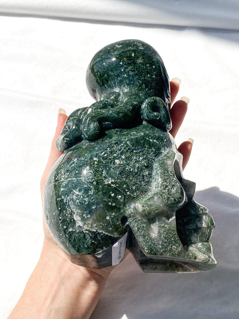 Skull + Octopus Carving | Moss Agate - Unearthed Crystals