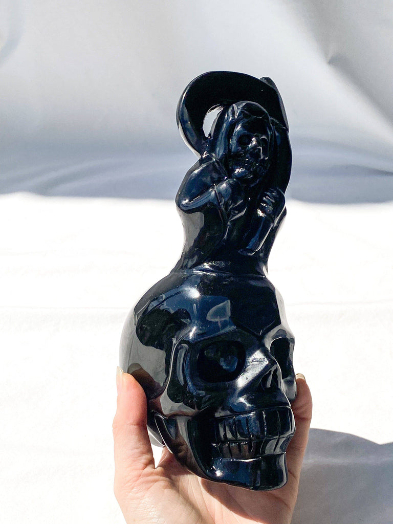 Skull + Grim Reaper Carving | Black Obsidian - Unearthed Crystals