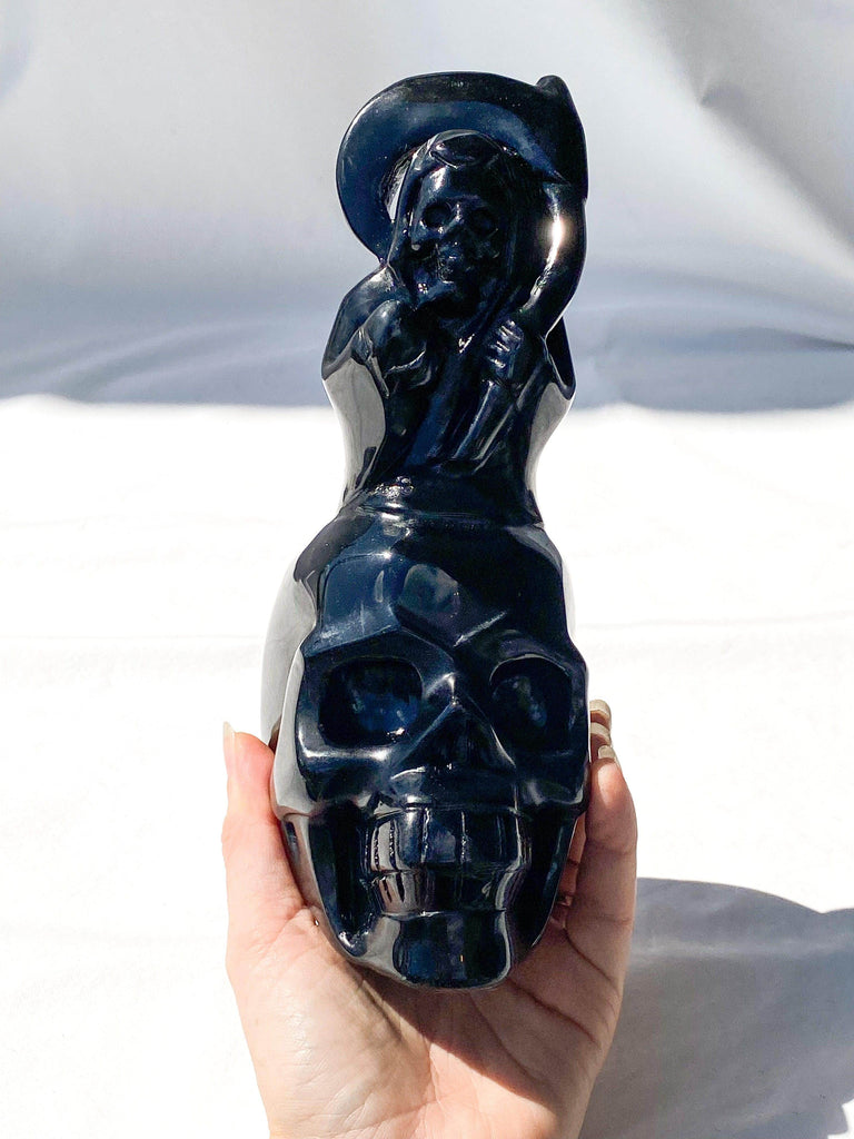 Skull + Grim Reaper Carving | Black Obsidian - Unearthed Crystals