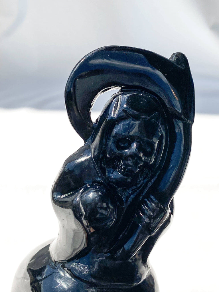 Skull + Grim Reaper Carving | Black Obsidian - Unearthed Crystals