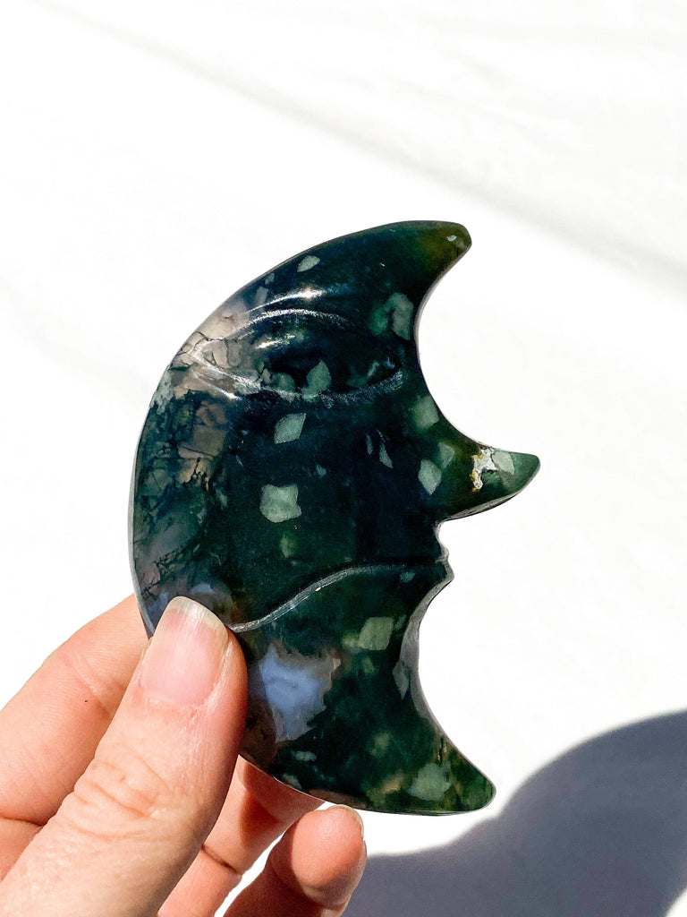 Moss Agate Moon Face Carving - Unearthed Crystals