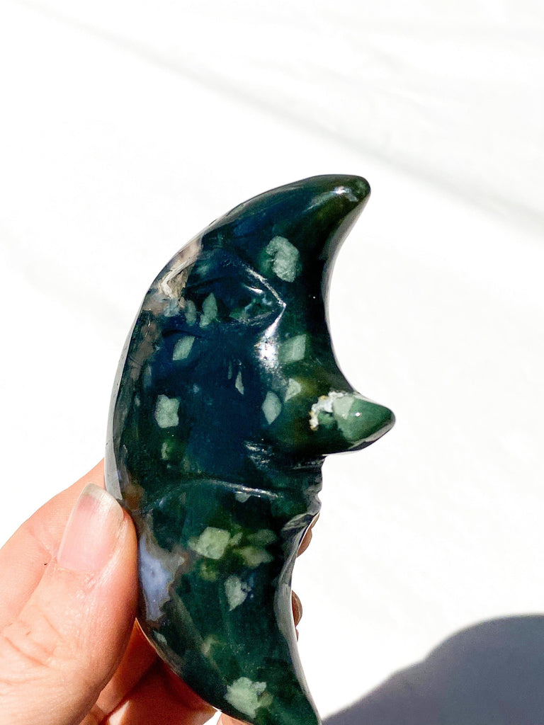 Moss Agate Moon Face Carving - Unearthed Crystals