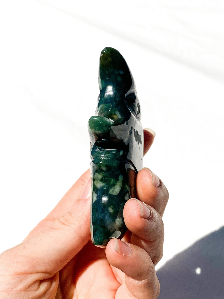 Moss Agate Moon Face Carving - Unearthed Crystals