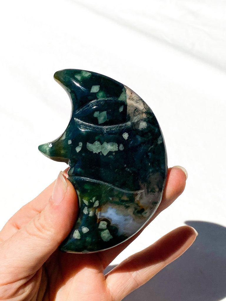 Moss Agate Moon Face Carving - Unearthed Crystals