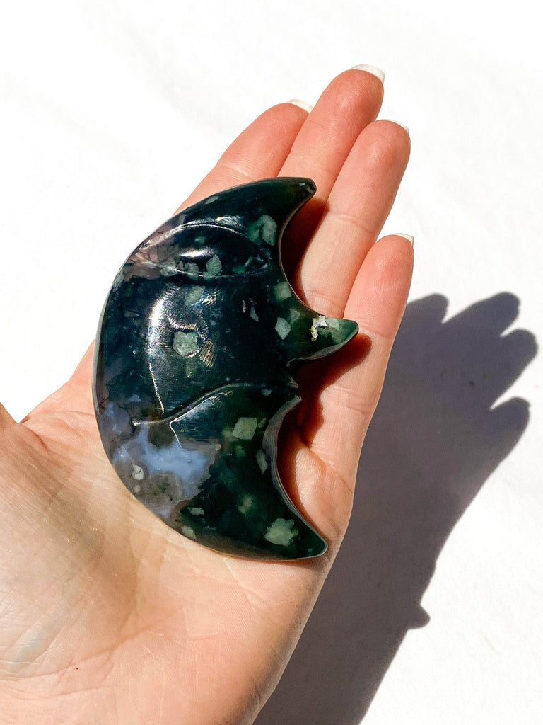 Moss Agate Moon Face Carving - Unearthed Crystals