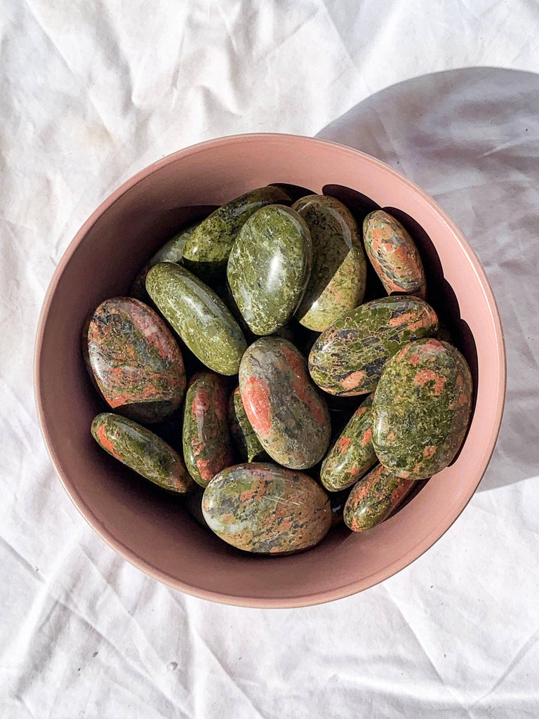 Unakite Pillow Palm Stone - Unearthed Crystals