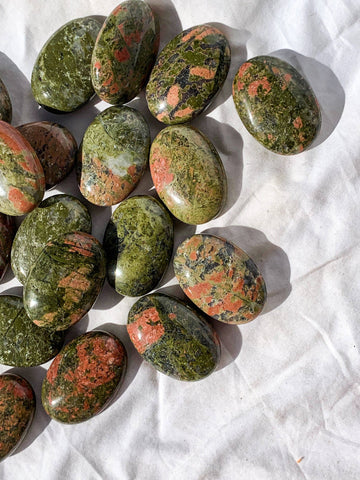 Unakite Pillow Palm Stone - Unearthed Crystals