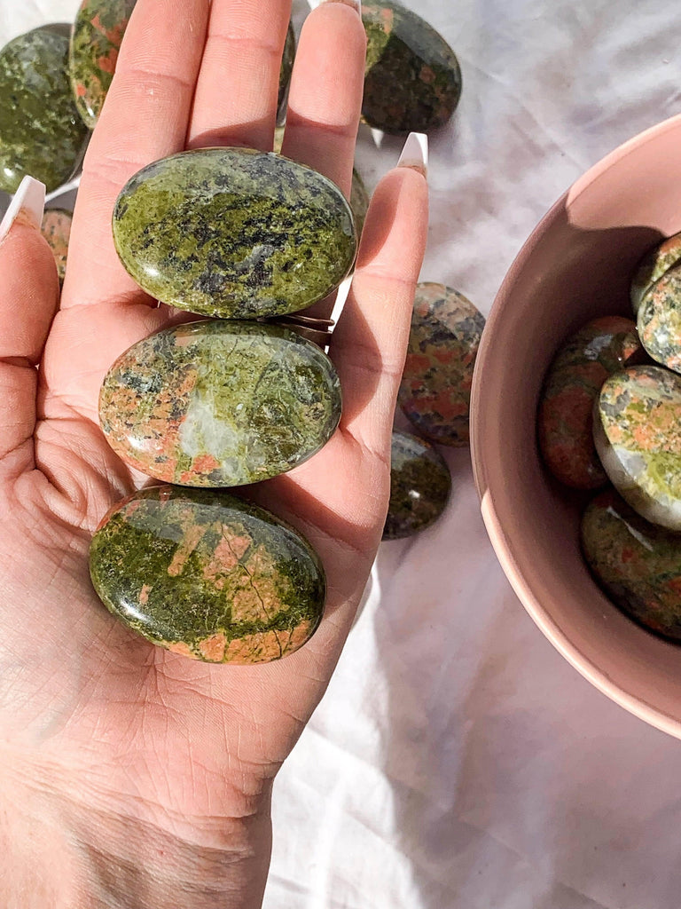 Unakite Pillow Palm Stone - Unearthed Crystals